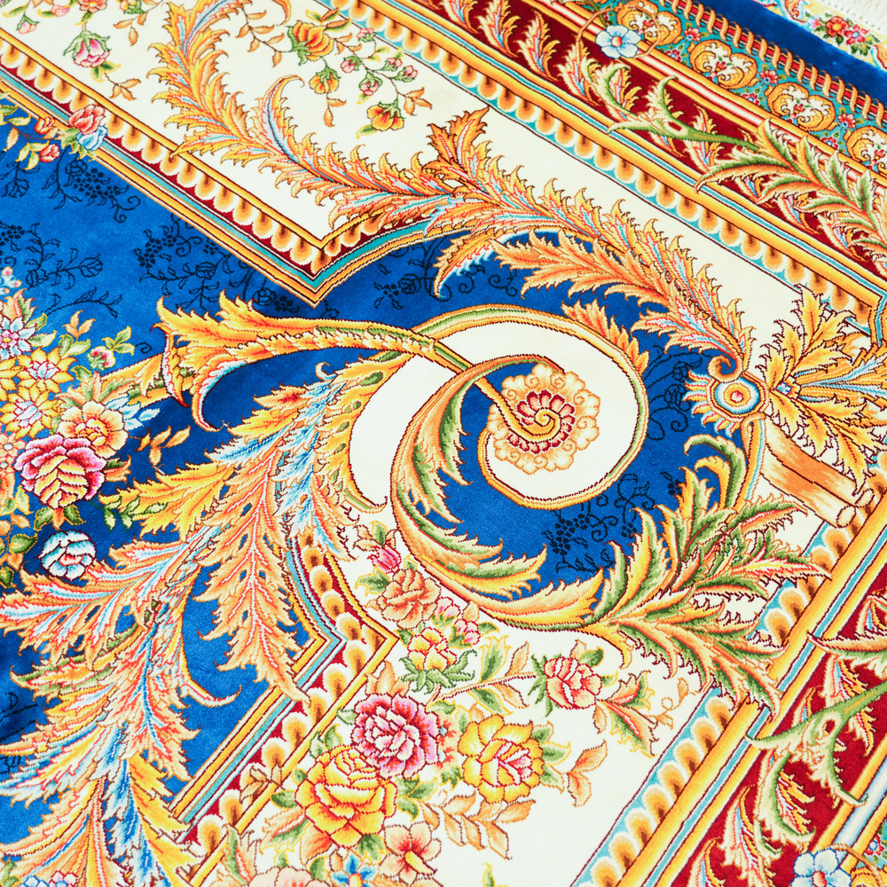Blue and Gold Floral Medallion Hand-Knotted Silk Rug 9x12ft - Image 6