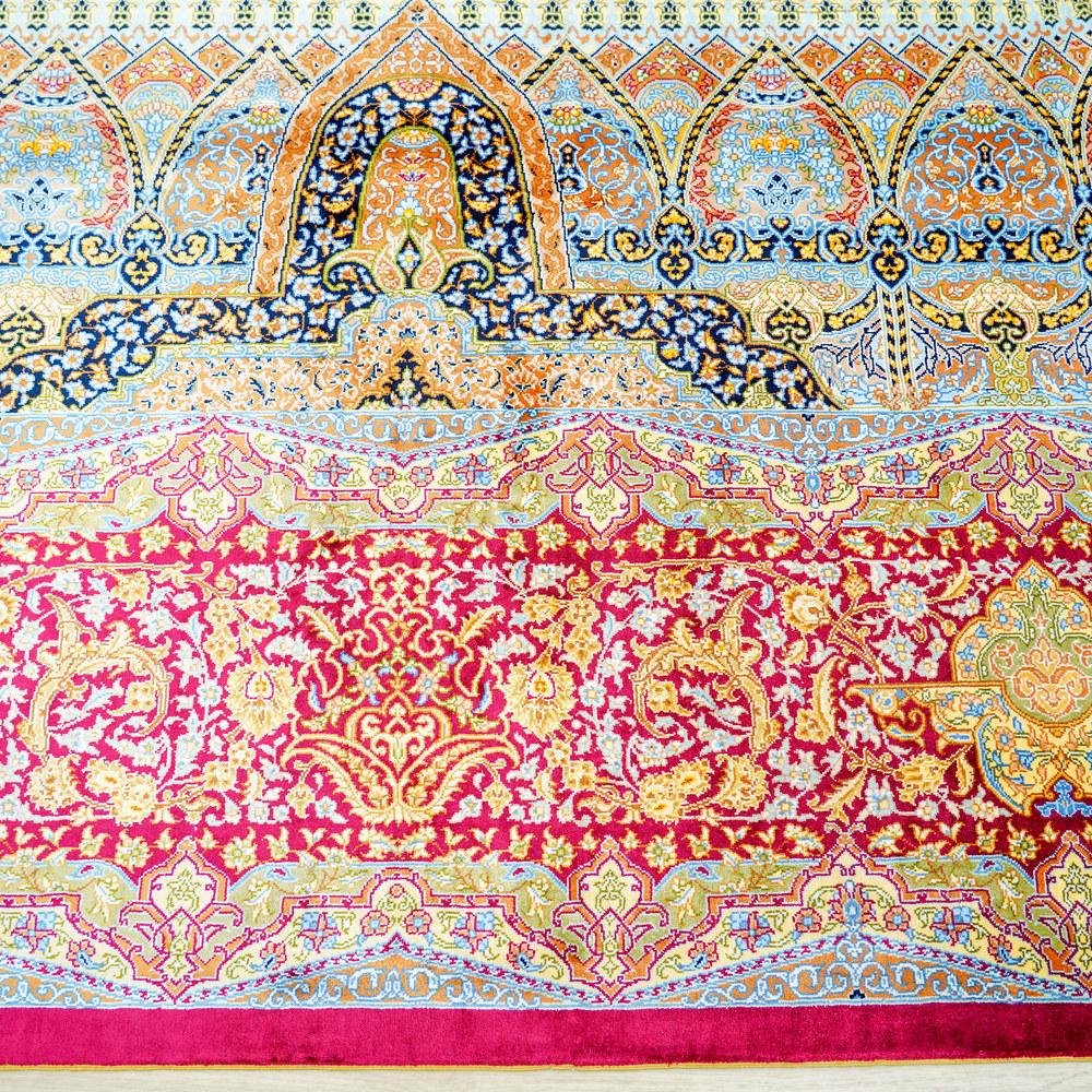 Red and Blue and Multicolor Floral Hand-Knotted Silk Rug 9x12ft - Image 7