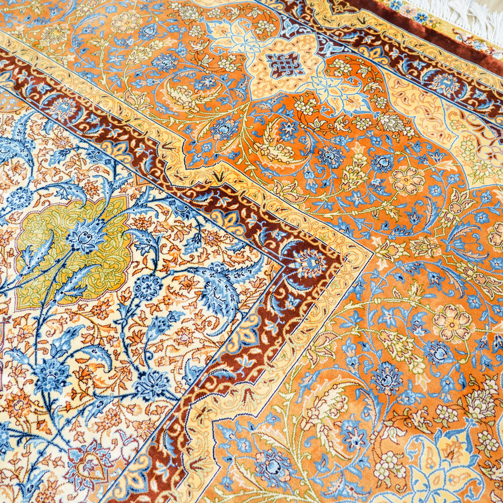 Light Blue and Gold Floral Hand-Knotted Silk Rug 10x14ft - Image 6