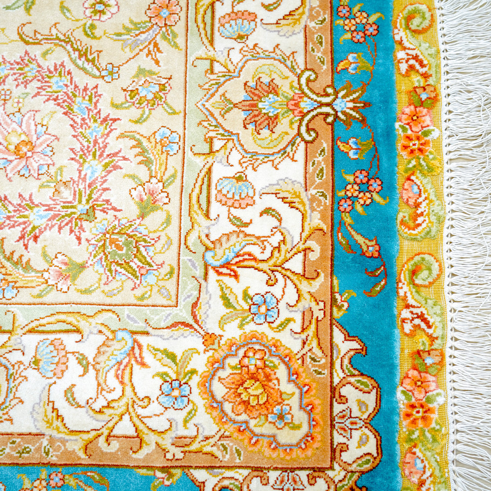 Turquoise and Orange Floral Medallion Hand-Knotted Silk Rug 10x14ft - Image 5