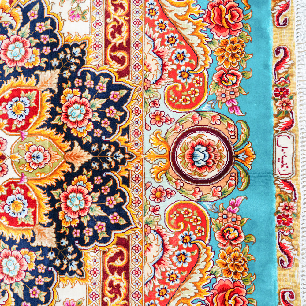 Turquoise and Red Floral Medallion Hand-Knotted Silk Rug 10x14ft - Image 6