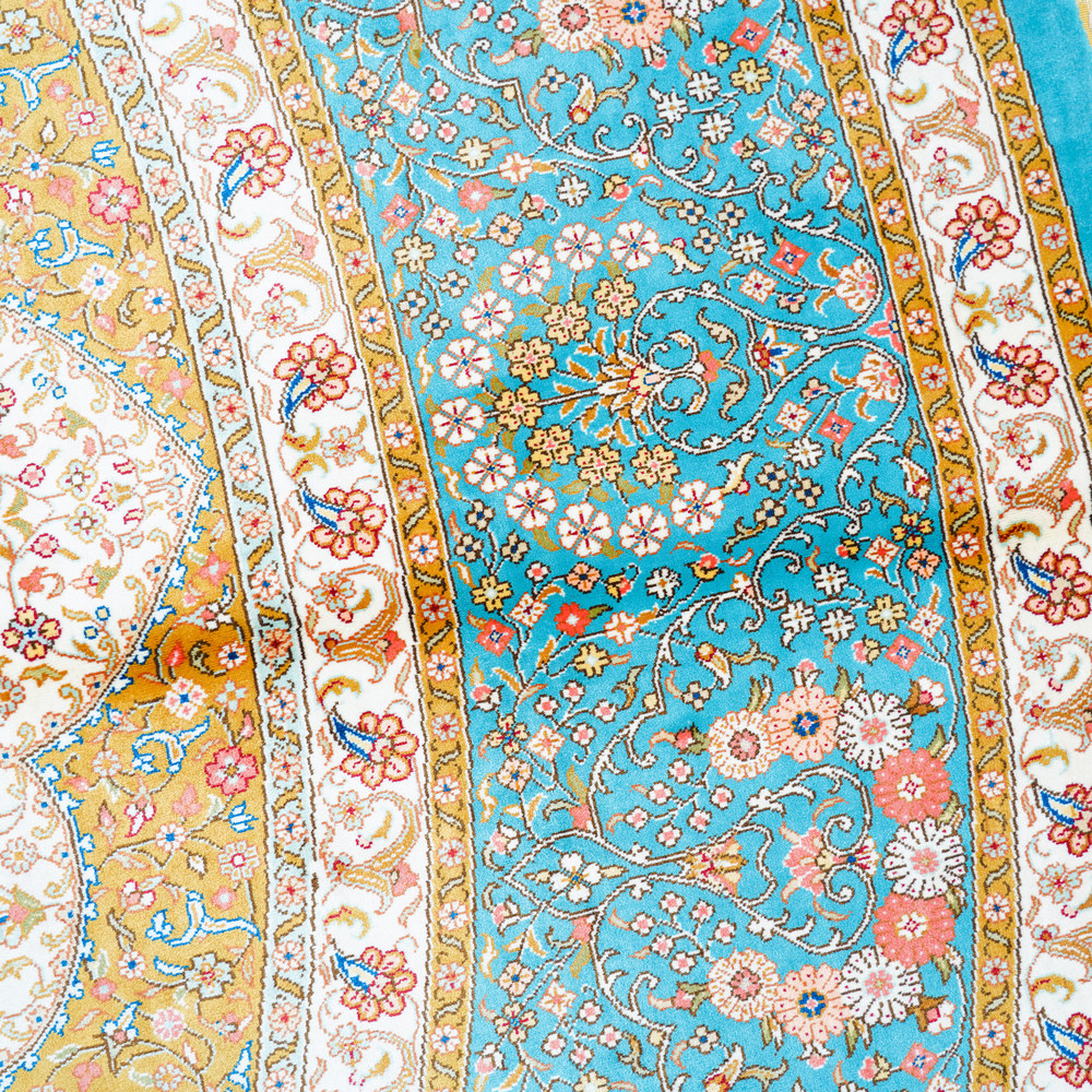 Turquoise and Gold Round Medallion Hand-Knotted Silk Rug 10x10ft - Image 7