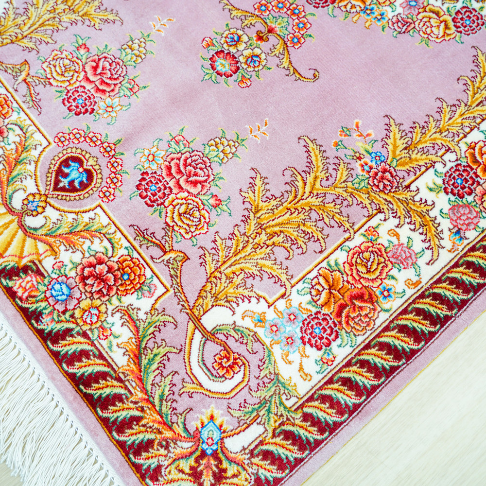 Pink and Ivory Floral Medallion Hand-Knotted Silk Rug 2x4ft - Image 7