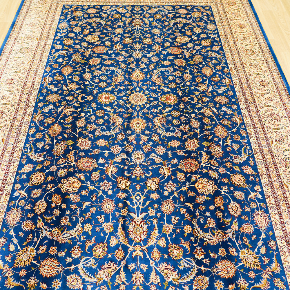 Royal Blue and Gold Floral Medallion Hand-Knotted Silk Rug 6x9ft - Image 4