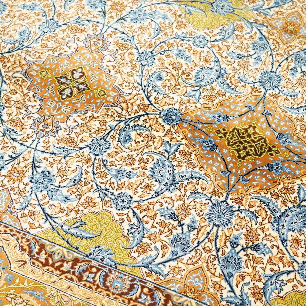 Gold and Blue Floral Medallion Hand-Knotted Silk Rug 6.56x9.84ft - Image 4