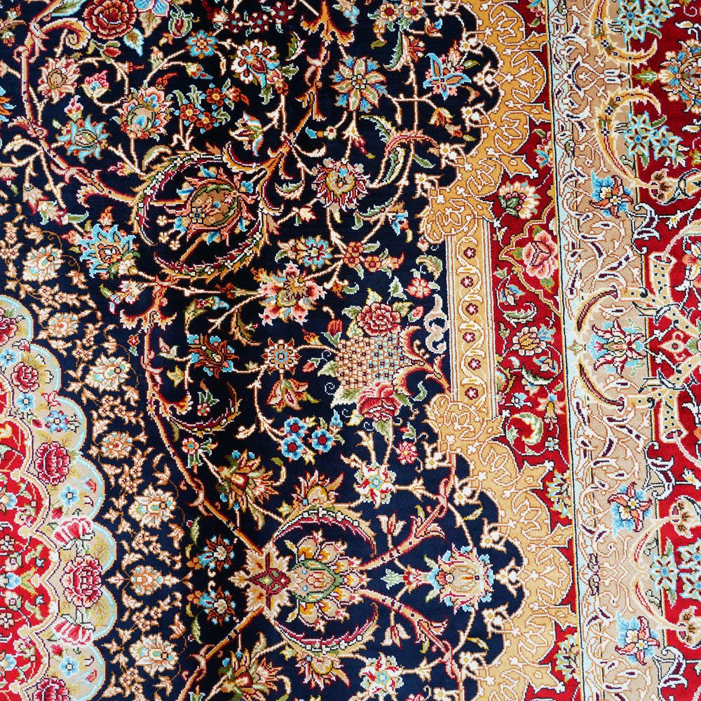 Black and Red Floral Medallion Hand-Knotted Silk Rug 6.56x9.84ft - Image 4