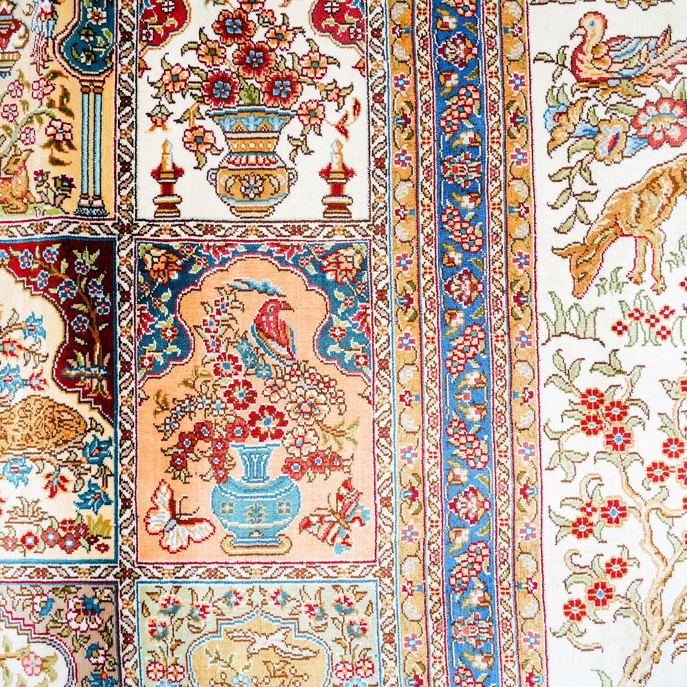 Multicolor Floral Panel Hand-Knotted Silk Rug 8x10ft - Image 6