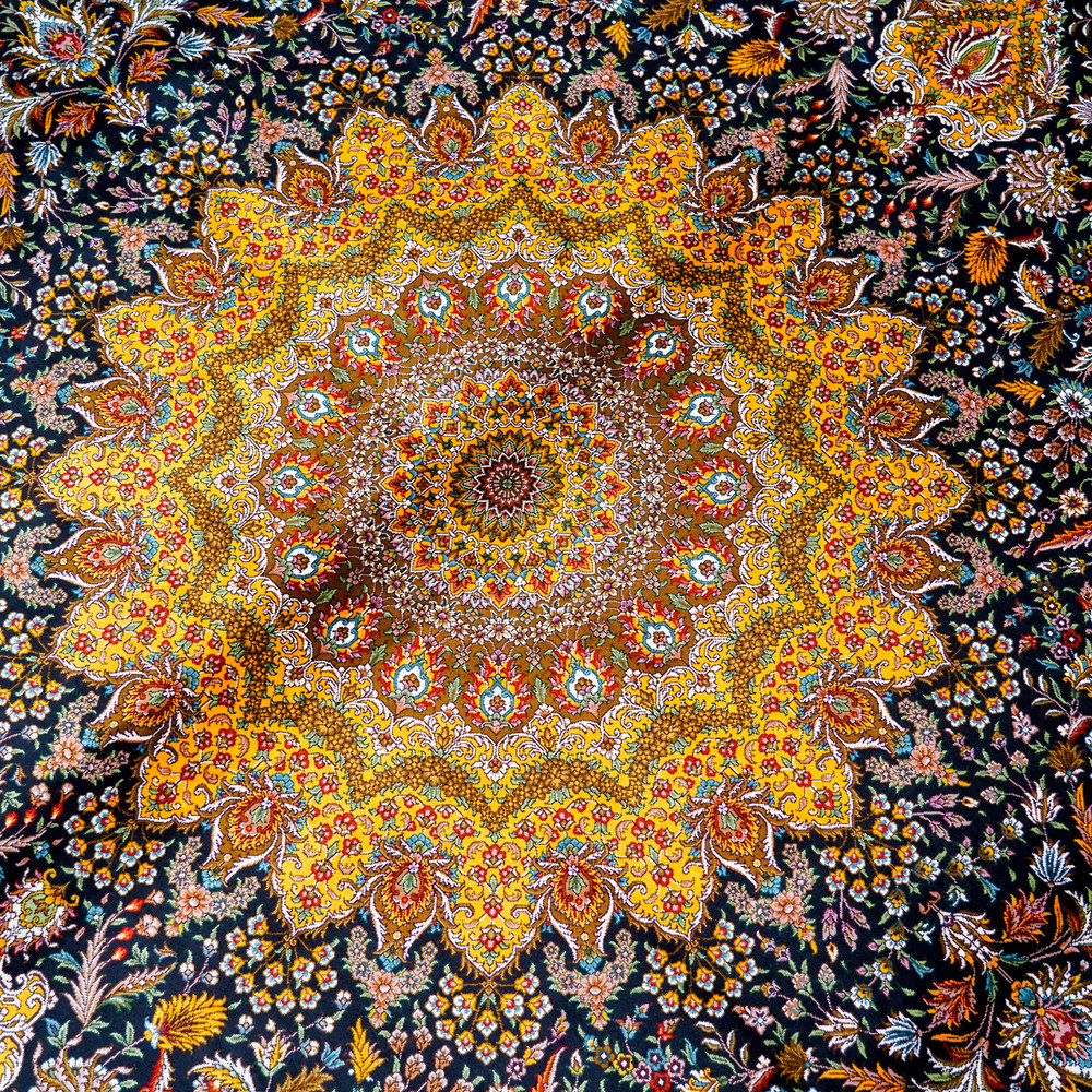 Navy and Gold Floral Medallion Hand-Knotted Silk Rug 8x10ft - Image 5