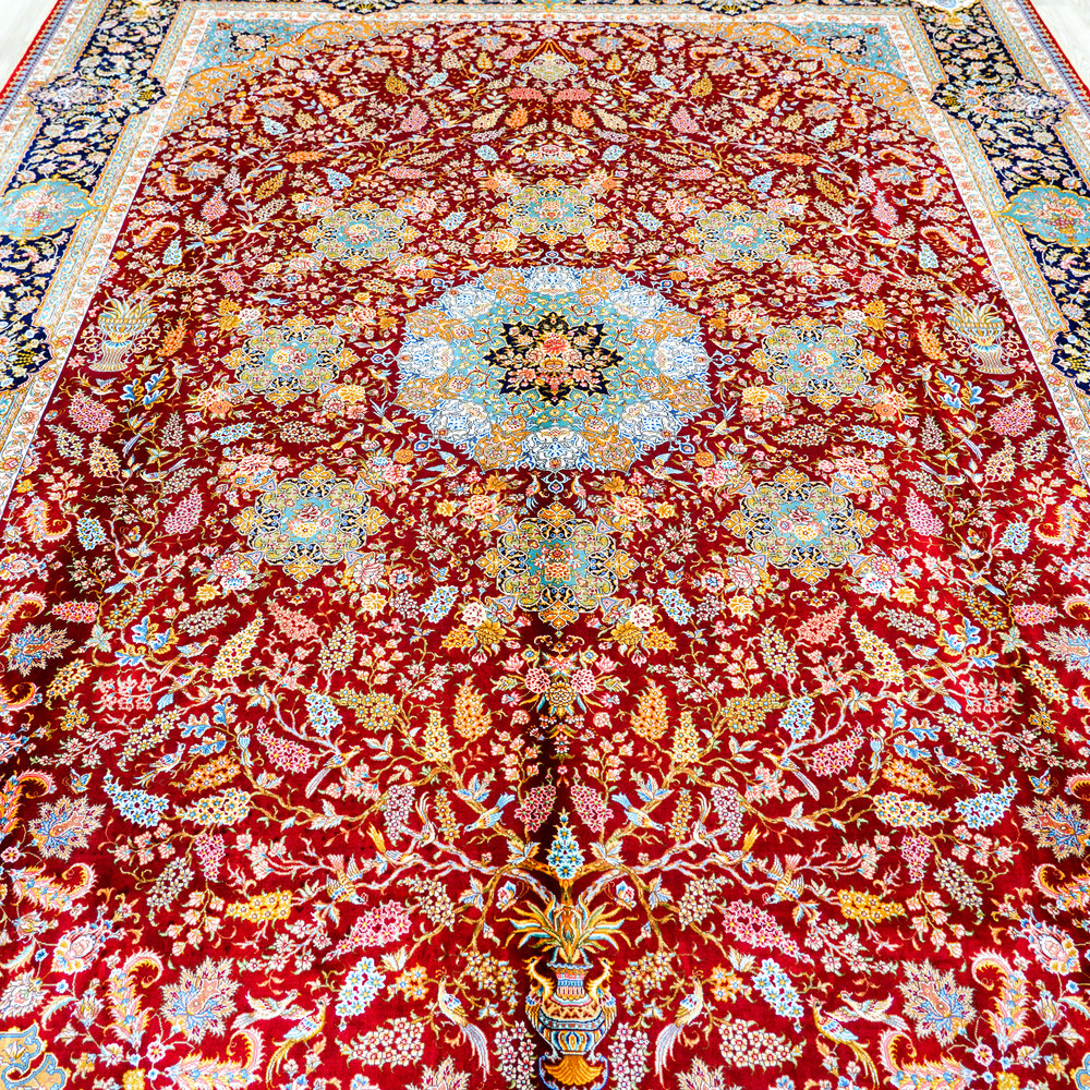 Red and Ivory Floral Medallion Hand-Knotted Silk Rug 8.2x11.48ft - Image 4