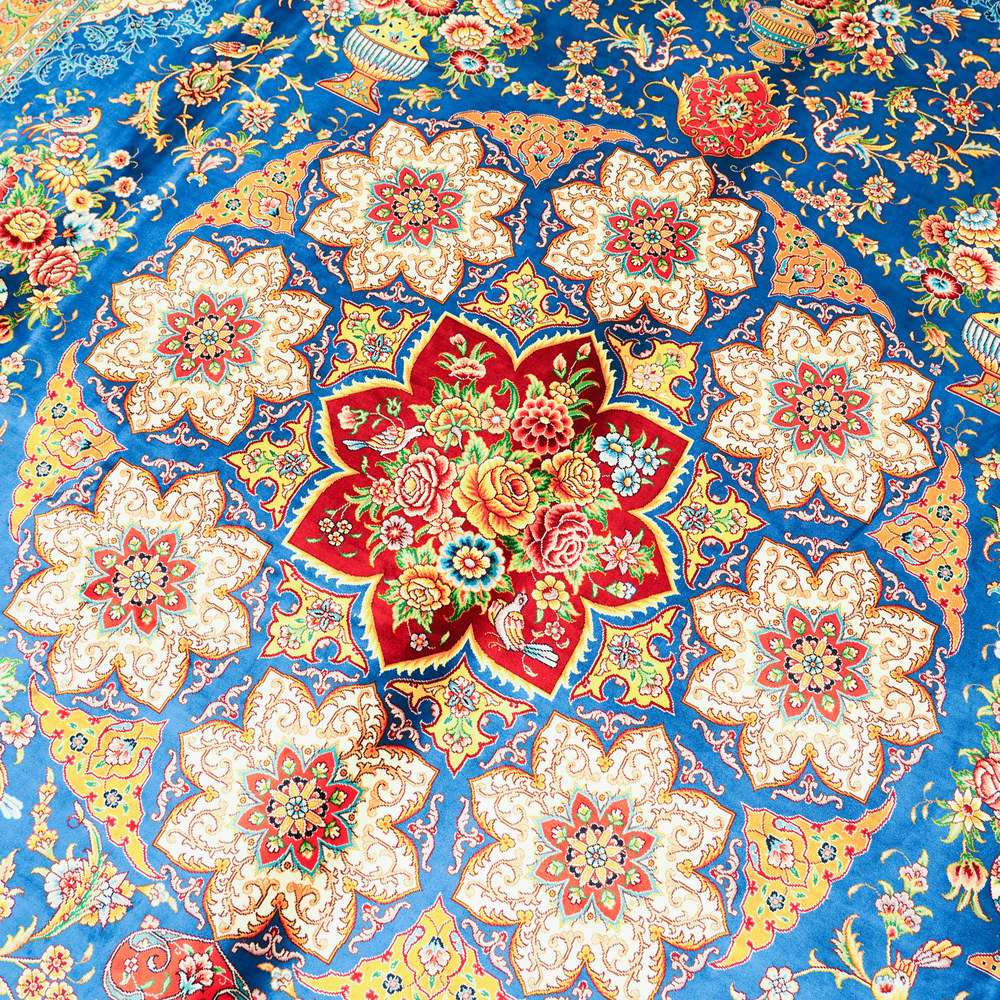 Blue and Orange Floral Medallion Hand-Knotted Silk Rug 8.2x11.48ft - Image 5
