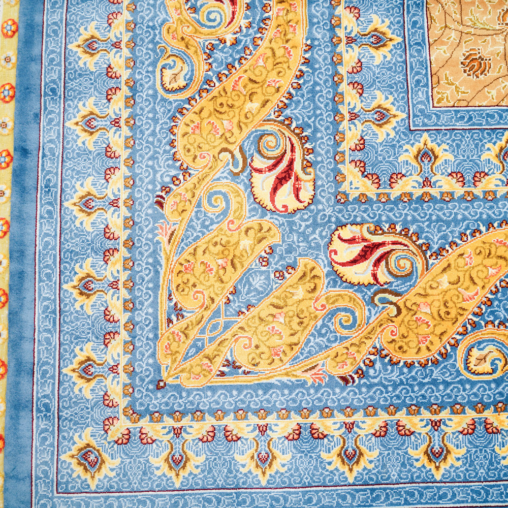 Blue and Gold Geometric Medallion Hand-Knotted Silk Rug 8.2x11.48ft - Image 5