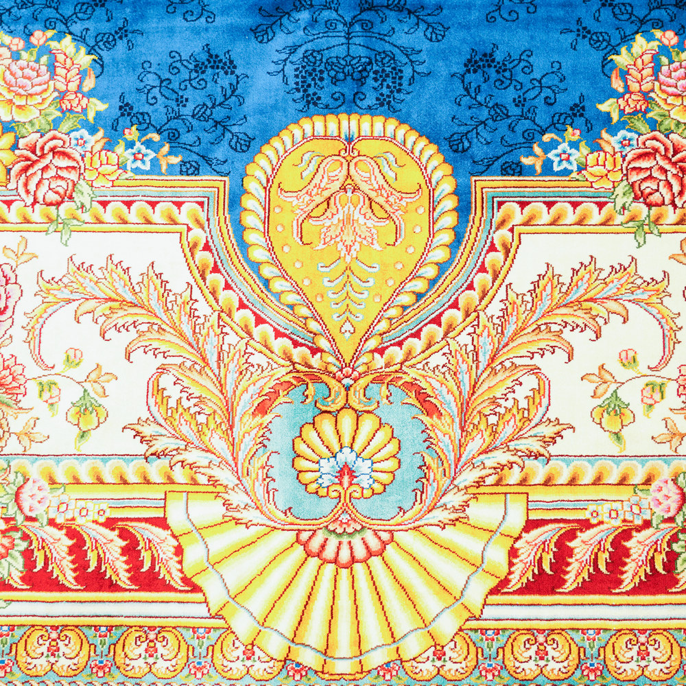 Blue and Gold Floral Medallion Hand-Knotted Silk Rug 9x12ft - Image 5