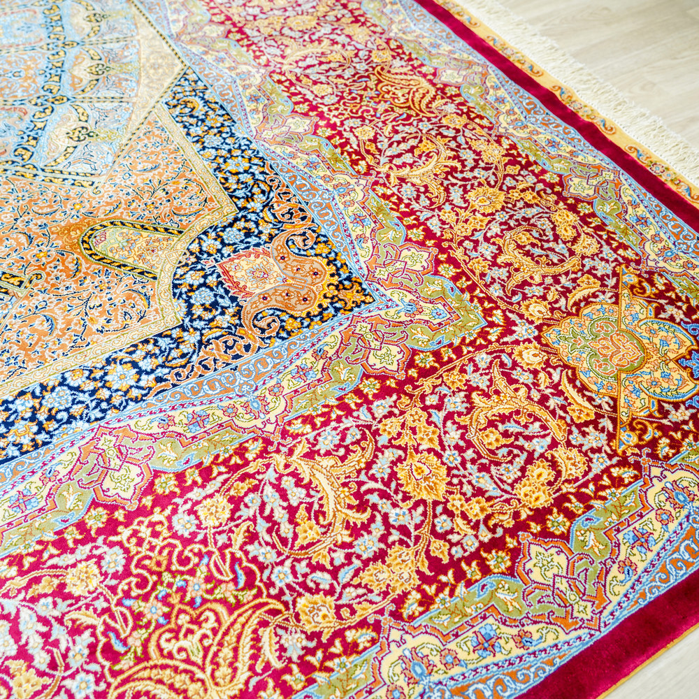 Red and Blue and Multicolor Floral Hand-Knotted Silk Rug 9x12ft - Image 6