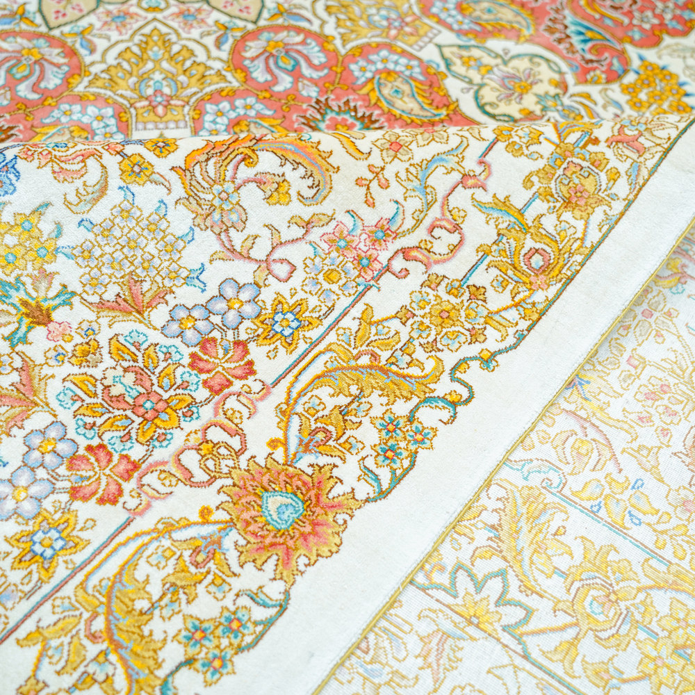 Ivory and Gold Floral Medallion Hand-Knotted Silk Rug 10x14ft - Image 8