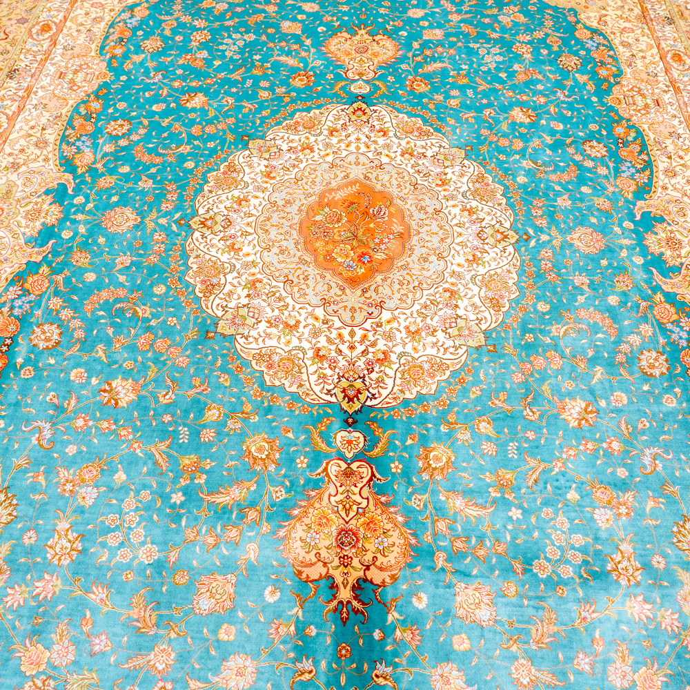 Turquoise and Orange Floral Medallion Hand-Knotted Silk Rug 10x14ft - Image 4