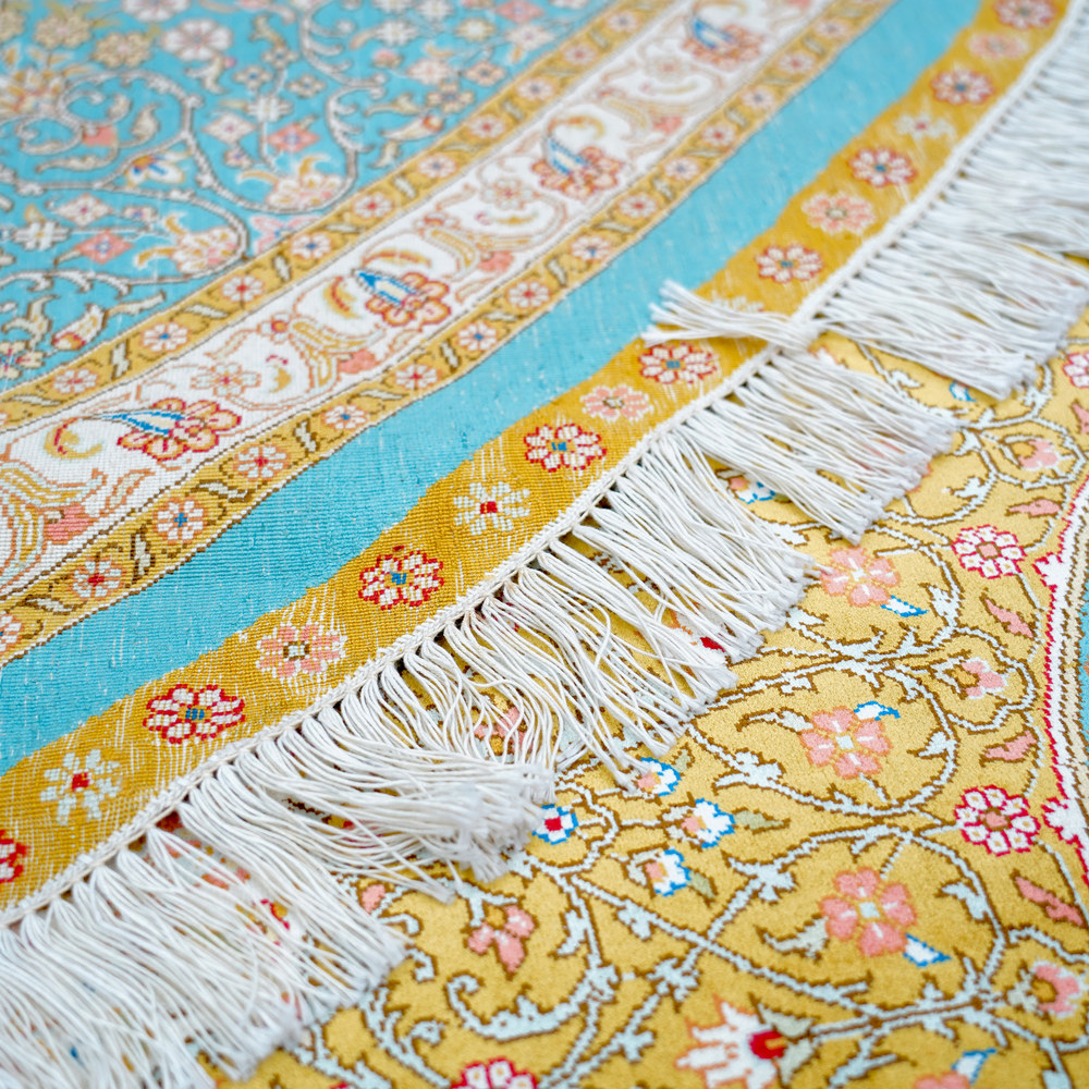 Turquoise and Gold Round Medallion Hand-Knotted Silk Rug 10x10ft - Image 8