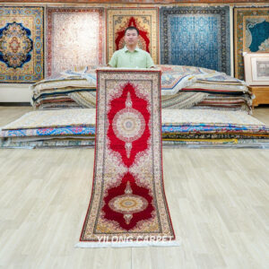 Ruby Red Double Medallion Hand-Knotted Silk Runner Rug 2.25 × 6.56 ft