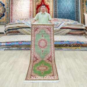 Sage Green Double Medallion Hand-Knotted Silk Runner Rug 2.25 × 6.56 ft