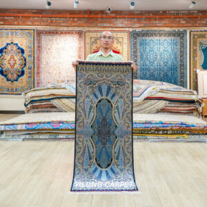 Slate Blue Art Deco Hand-Knotted Silk Runner Rug 2 × 5 ft
