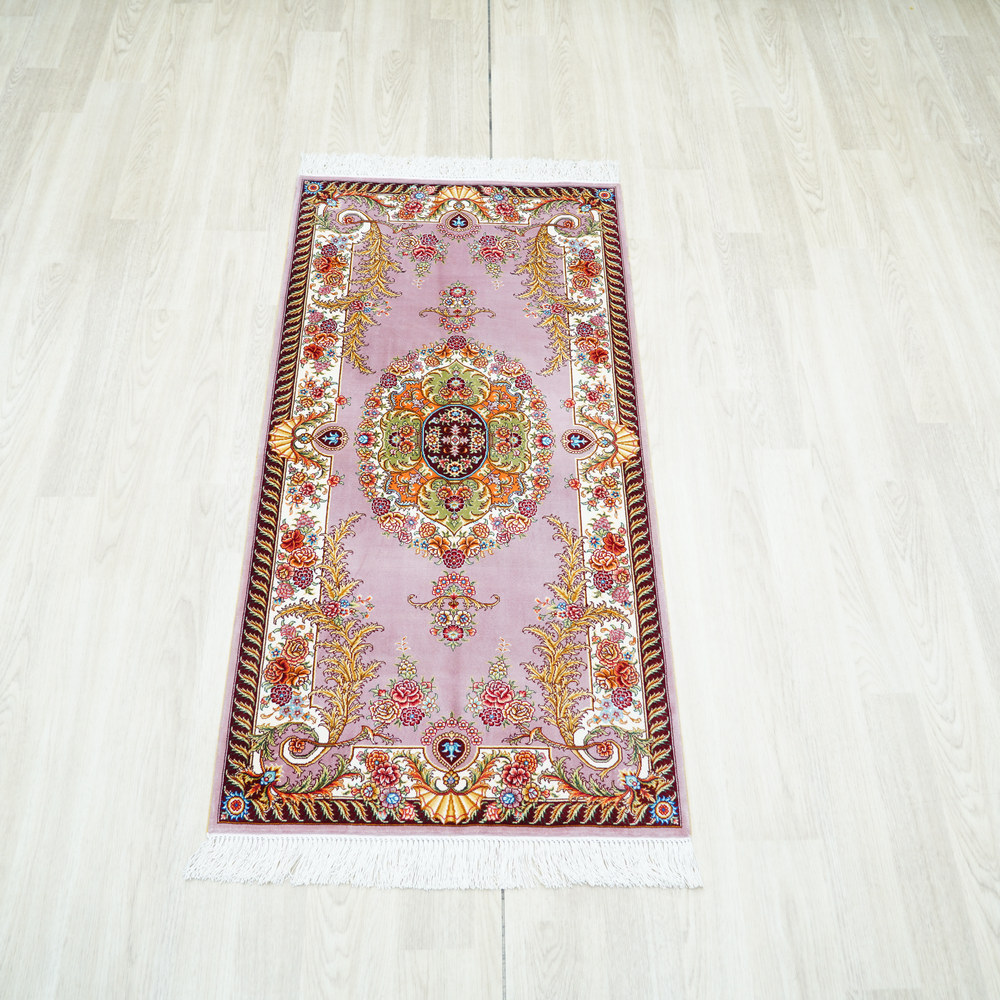 Pink and Ivory Floral Medallion Hand-Knotted Silk Rug 2x4ft - Image 4