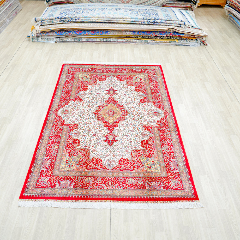 Red and Ivory Geometric Medallion Hand-Knotted Silk Rug 6x9ft - Image 3