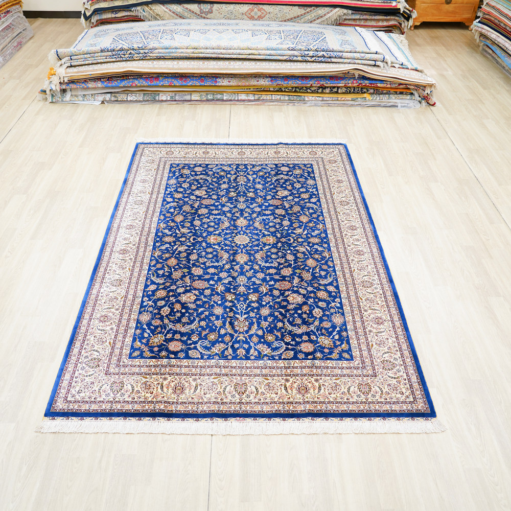 Royal Blue and Gold Floral Medallion Hand-Knotted Silk Rug 6x9ft - Image 3