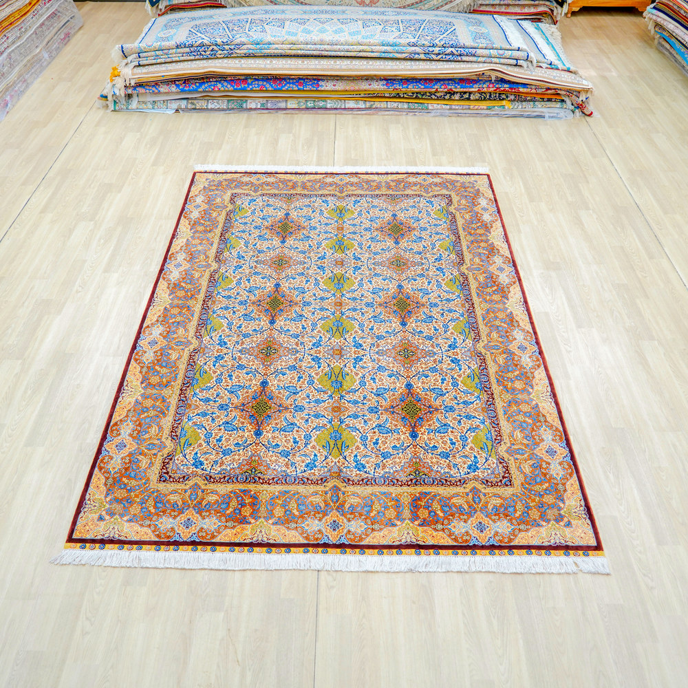Gold and Blue Floral Medallion Hand-Knotted Silk Rug 6.56x9.84ft - Image 3