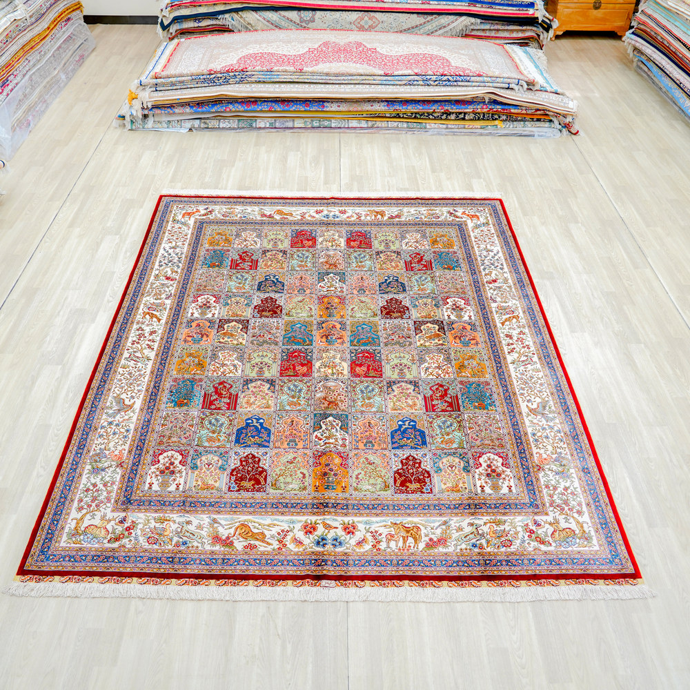 Multicolor Floral Panel Hand-Knotted Silk Rug 8x10ft - Image 3