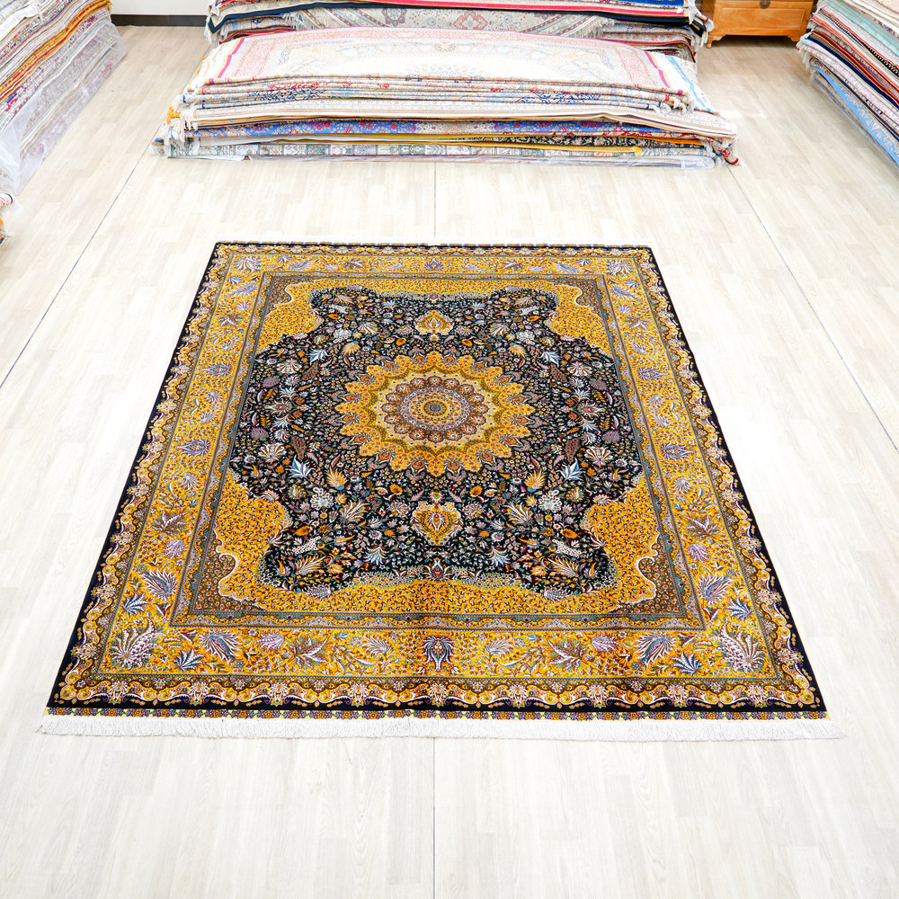 Navy and Gold Floral Medallion Hand-Knotted Silk Rug 8x10ft - Image 3