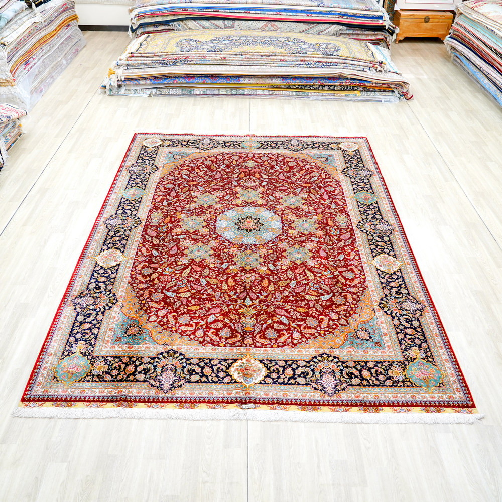 Red and Ivory Floral Medallion Hand-Knotted Silk Rug 8.2x11.48ft - Image 3
