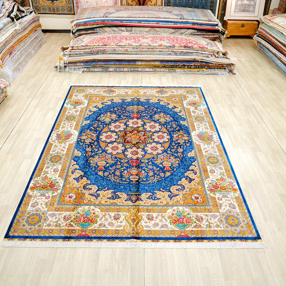 Blue and Orange Floral Medallion Hand-Knotted Silk Rug 8.2x11.48ft - Image 3
