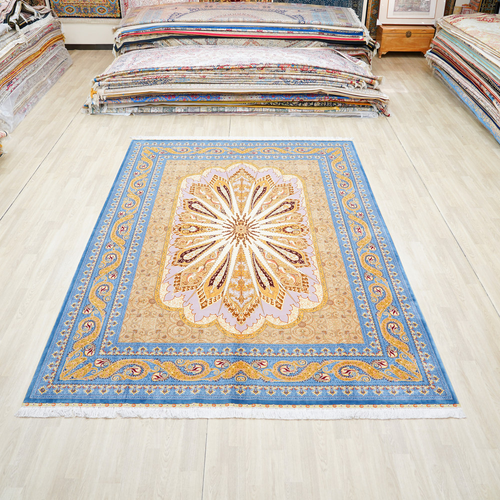 Blue and Gold Geometric Medallion Hand-Knotted Silk Rug 8.2x11.48ft - Image 3