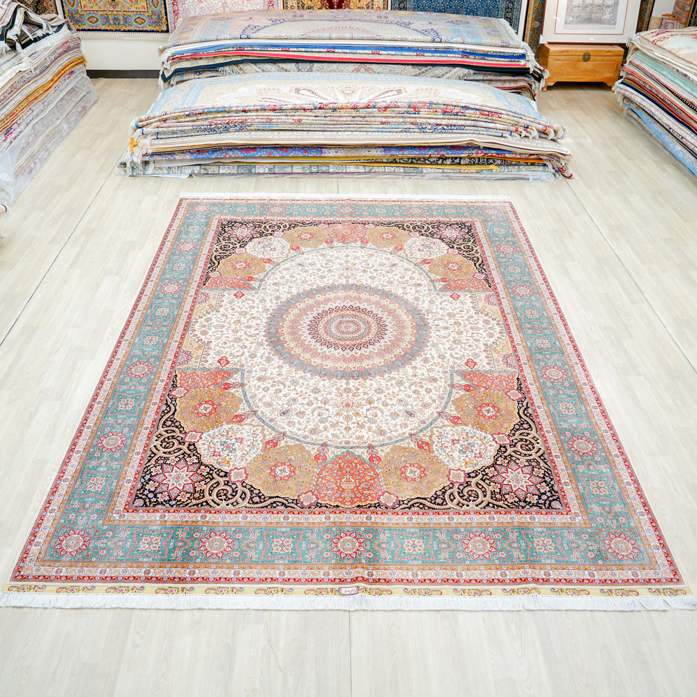 Ivory and Pink Floral Medallion Hand-Knotted Silk Rug 9x12ft - Image 3