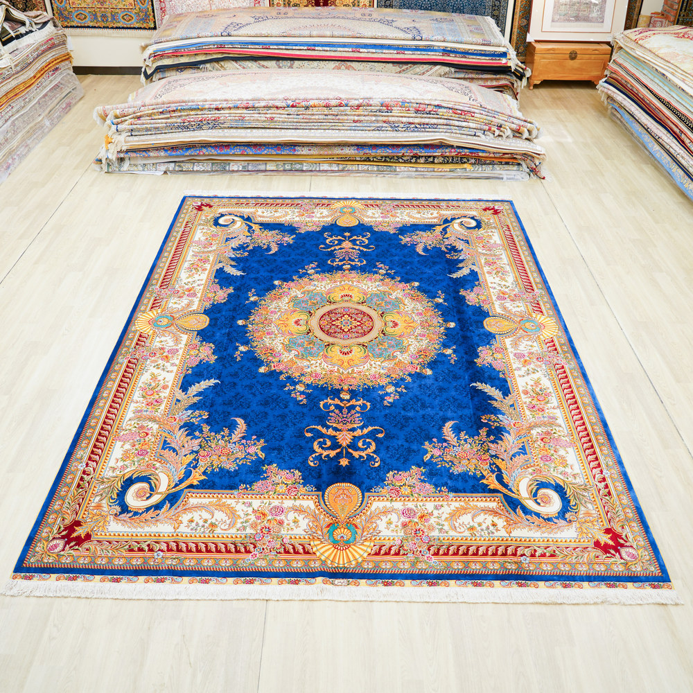Blue and Gold Floral Medallion Hand-Knotted Silk Rug 9x12ft - Image 3