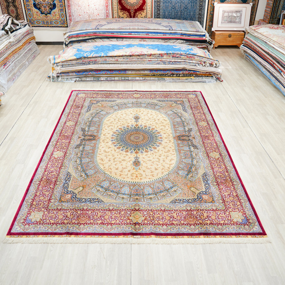 Red and Blue and Multicolor Floral Hand-Knotted Silk Rug 9x12ft - Image 3