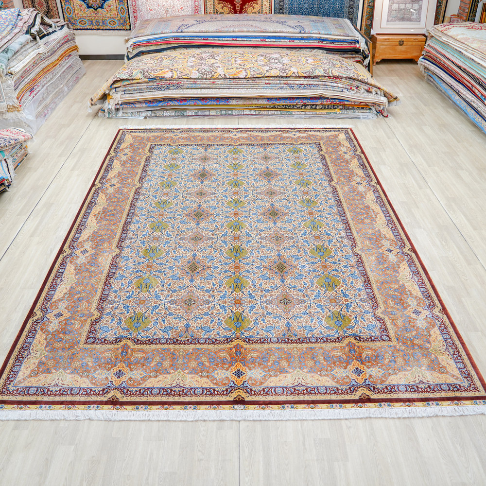 Light Blue and Gold Floral Hand-Knotted Silk Rug 10x14ft - Image 3