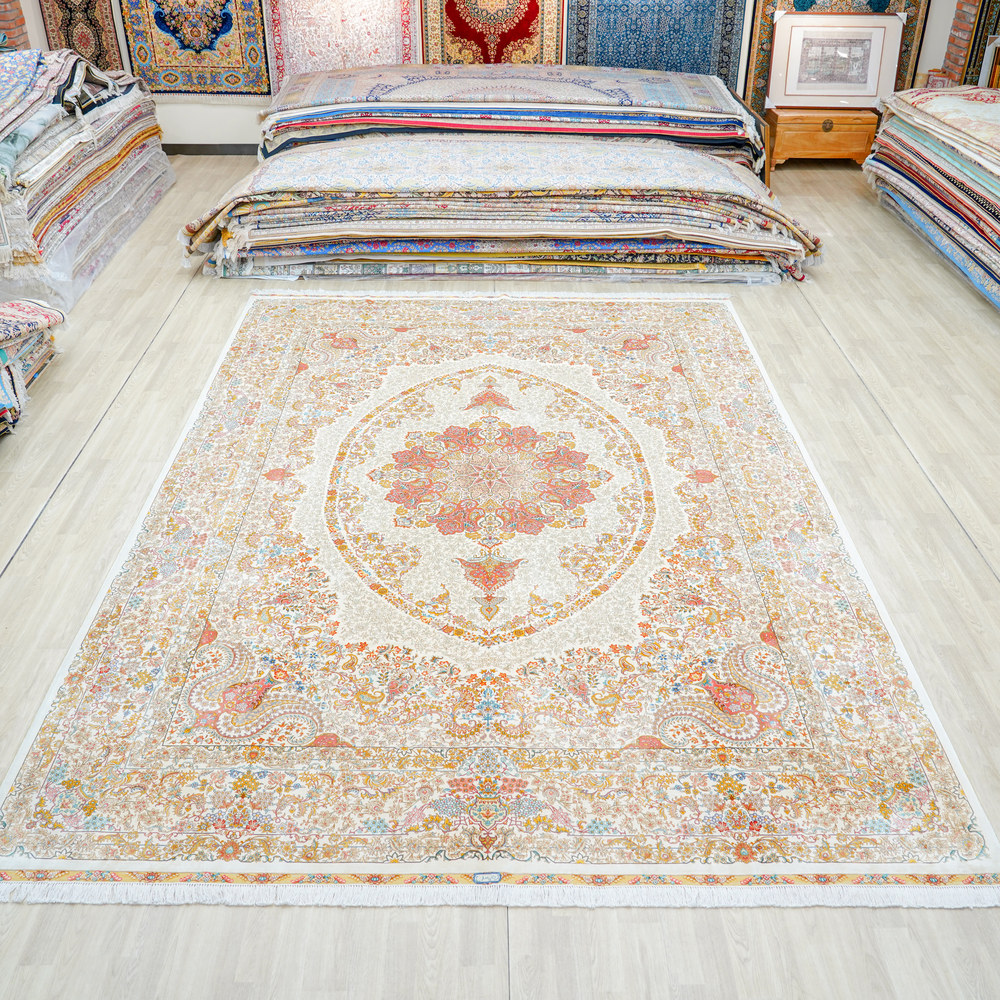 Ivory and Gold Floral Medallion Hand-Knotted Silk Rug 10x14ft - Image 3
