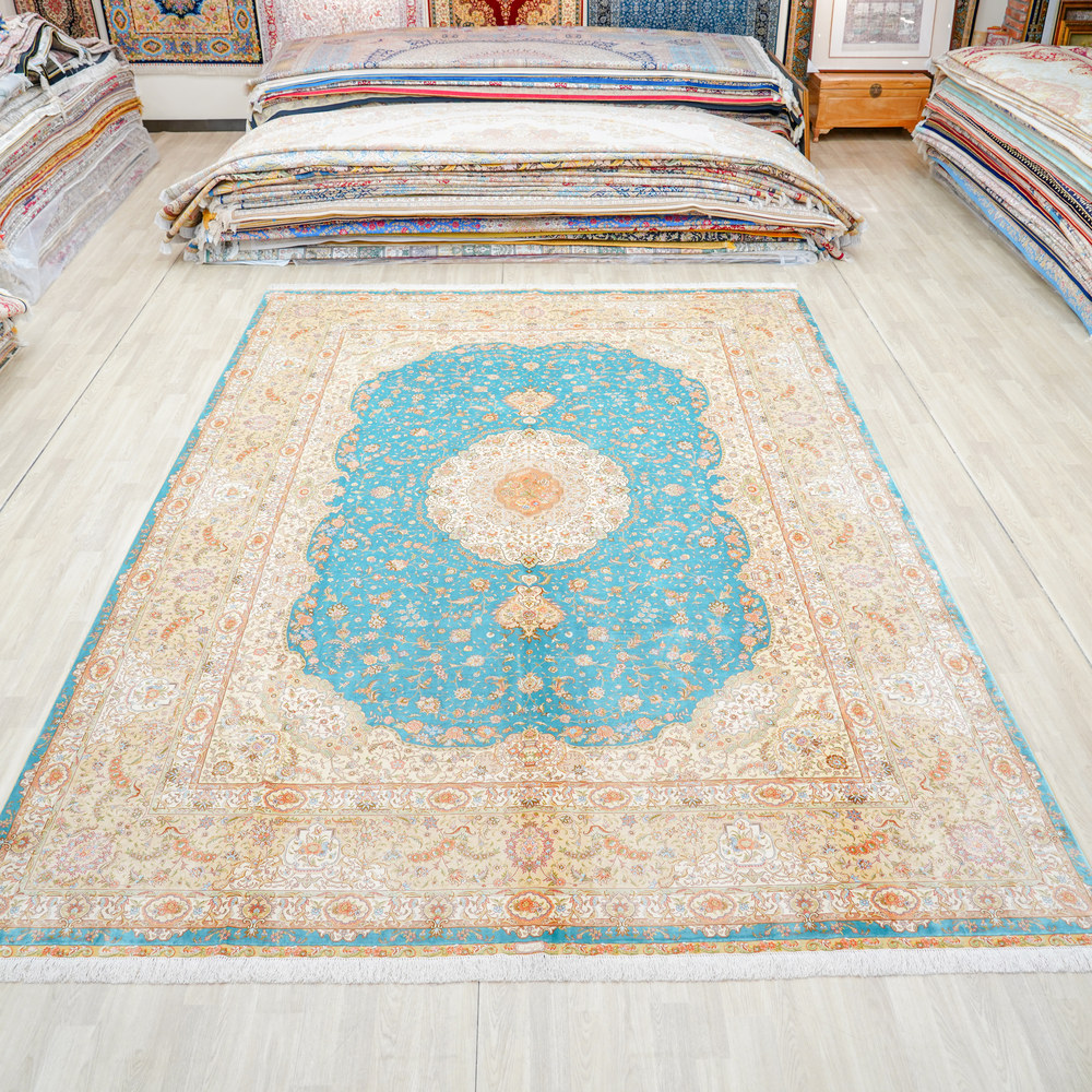 Turquoise and Orange Floral Medallion Hand-Knotted Silk Rug 10x14ft - Image 3