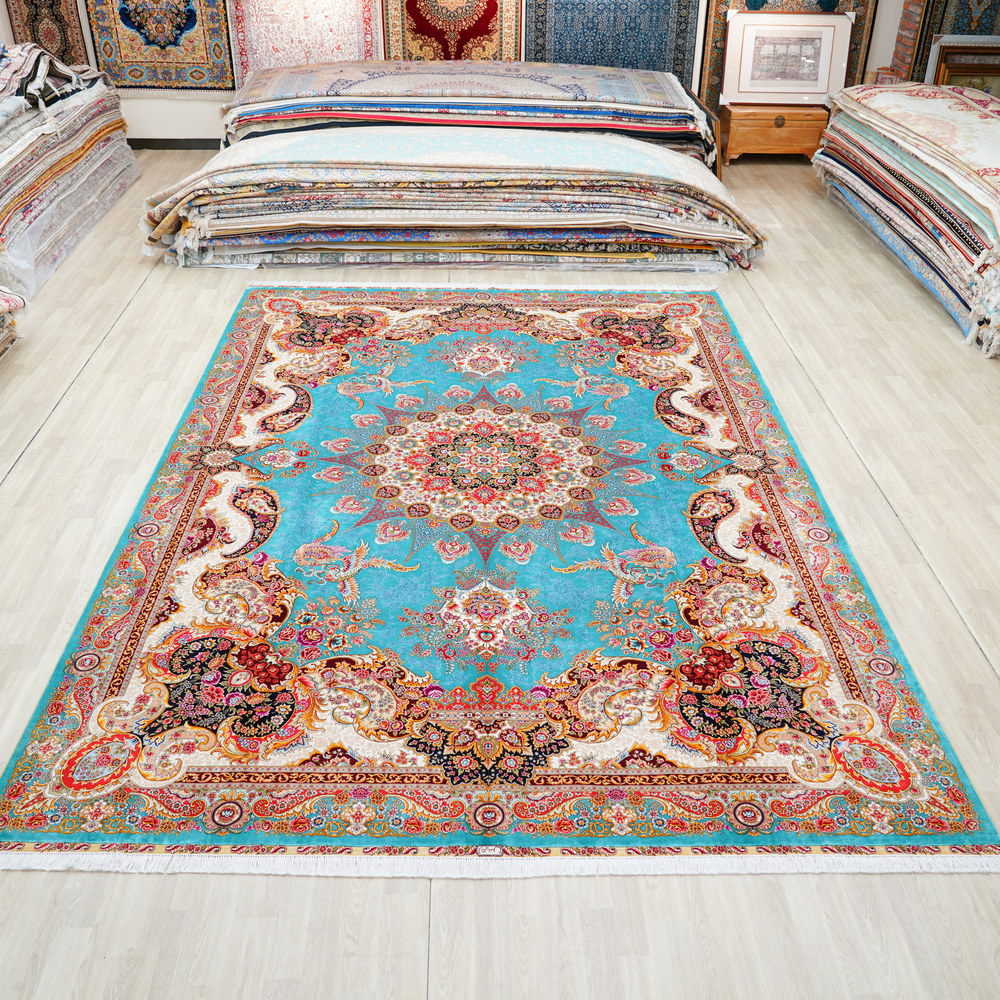 Turquoise and Red Floral Medallion Hand-Knotted Silk Rug 10x14ft - Image 3