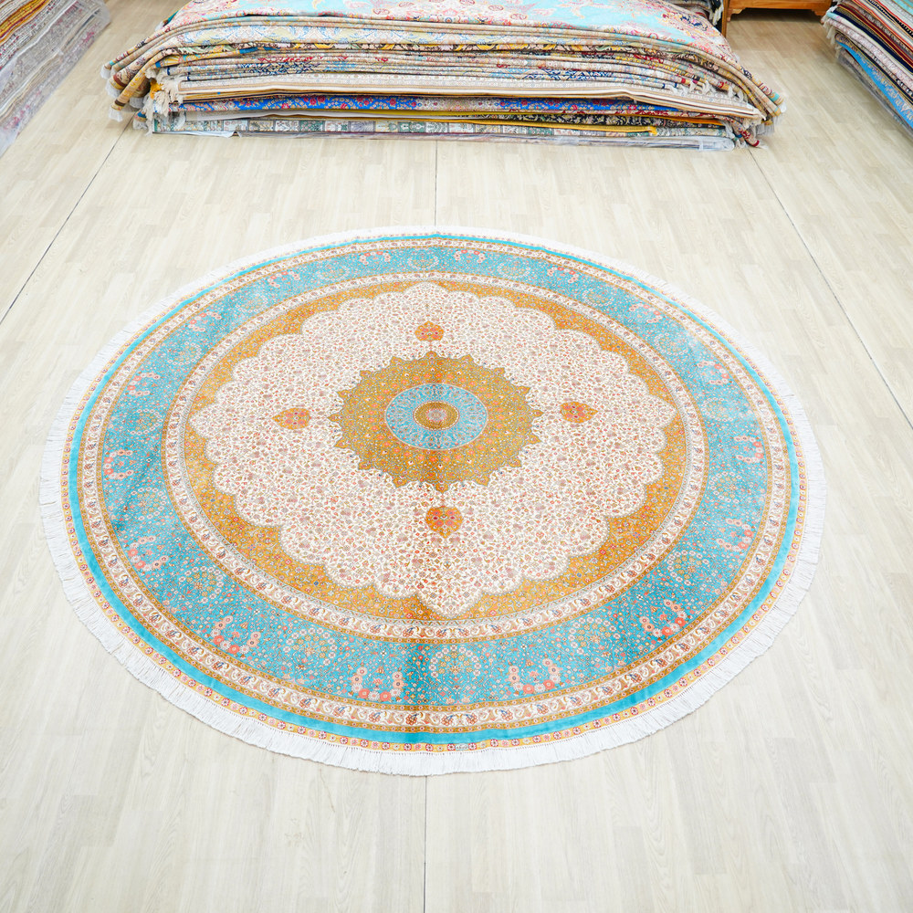 Turquoise and Gold Round Medallion Hand-Knotted Silk Rug 10x10ft - Image 3