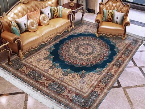 Finished YILONG handmade silk rug displayed in a living room