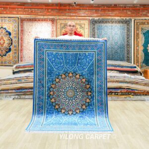 Blue Floral Medallion Hand-Knotted Silk Rug 4x6