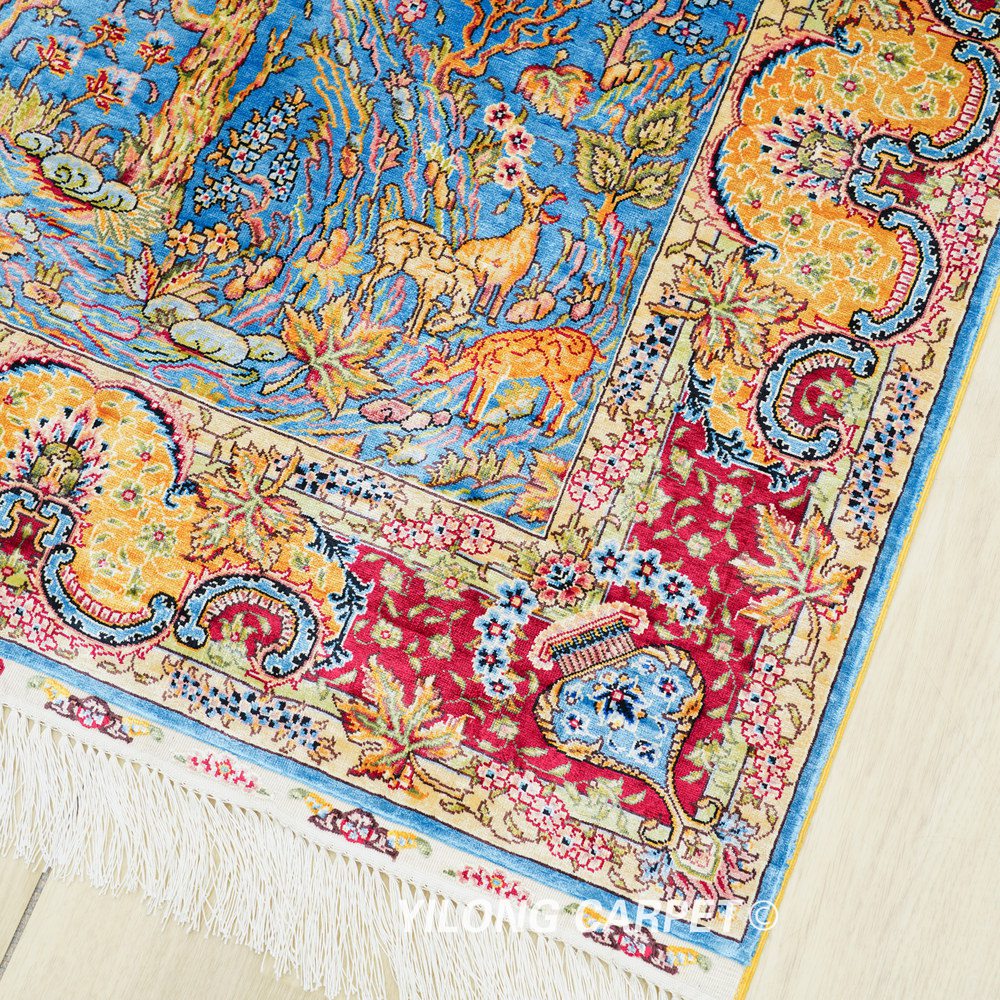 Blue Tree of Life Pattern Hand-Knotted Silk Rug 3x4.5 - Image 4