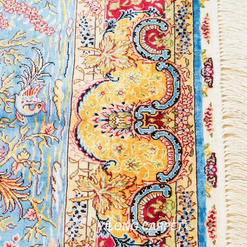 Blue Tree of Life Pattern Hand-Knotted Silk Rug 3x4.5 - Image 5
