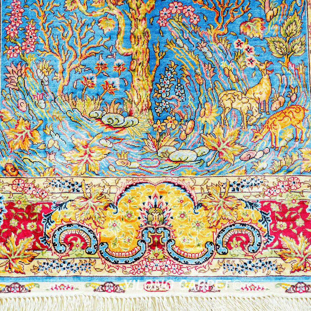 Blue Tree of Life Pattern Hand-Knotted Silk Rug 3x4.5 - Image 6