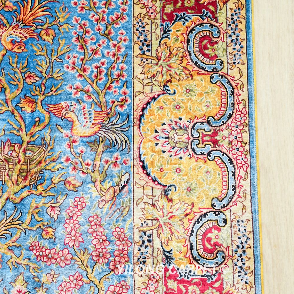 Blue Tree of Life Pattern Hand-Knotted Silk Rug 3x4.5 - Image 7