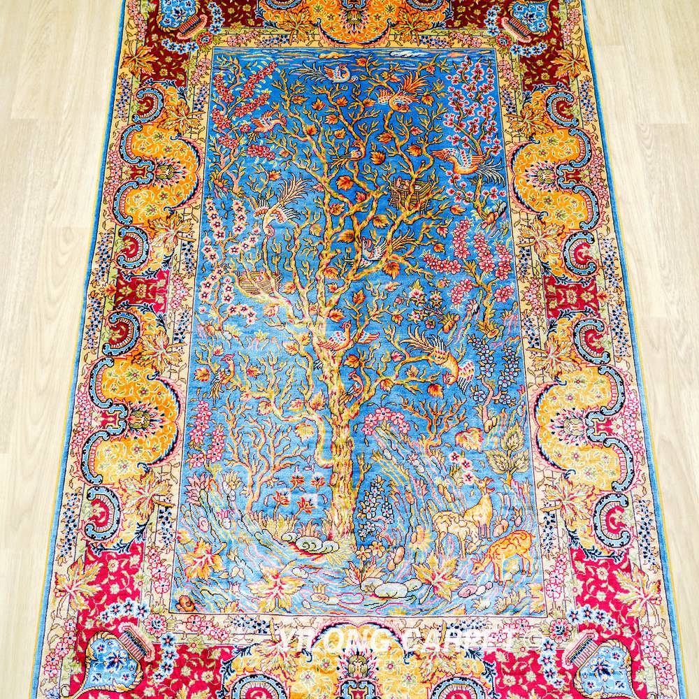 Blue Tree of Life Pattern Hand-Knotted Silk Rug 3x4.5 - Image 3
