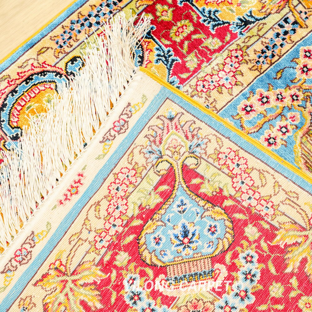 Blue Tree of Life Pattern Hand-Knotted Silk Rug 3x4.5 - Image 8