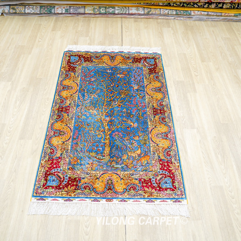 Blue Tree of Life Pattern Hand-Knotted Silk Rug 3x4.5 - Image 2