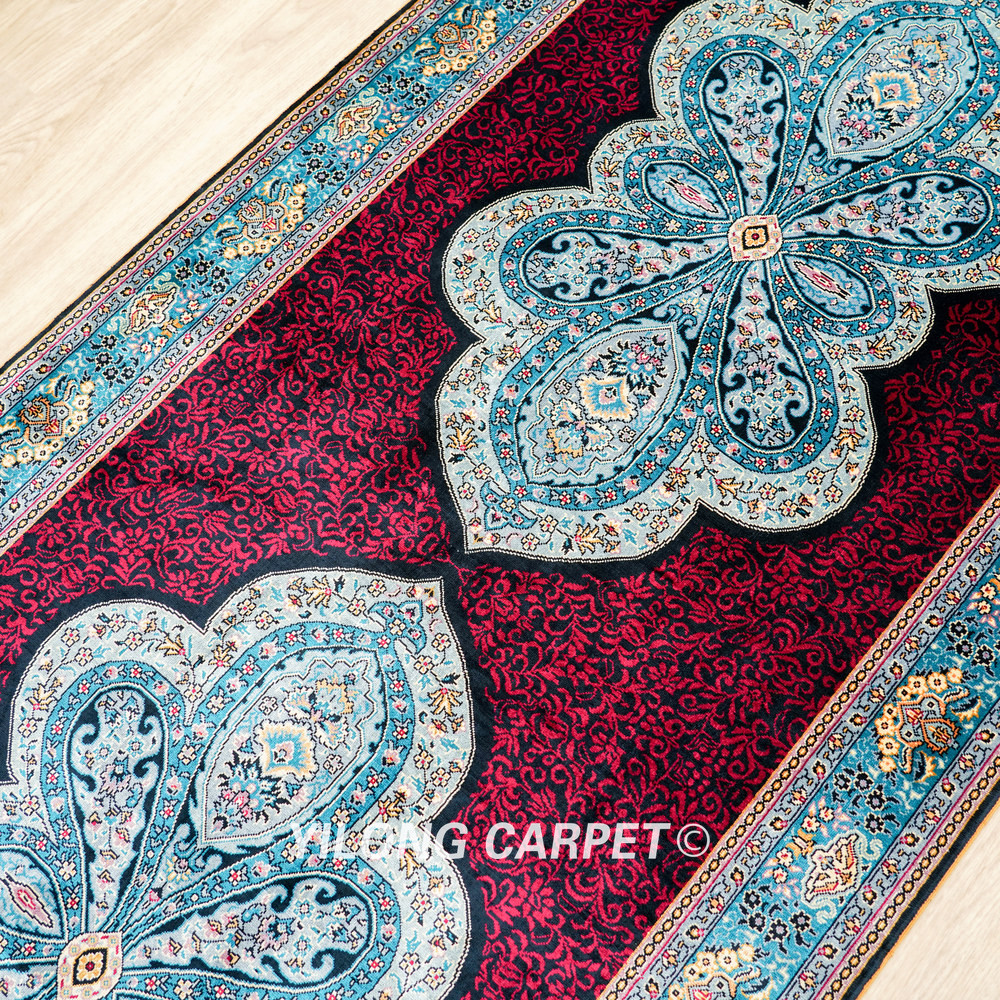 Burgundy and Blue Floral Medallion Hand-Knotted Silk Rug Runner – 3 x 12 ft - Image 4